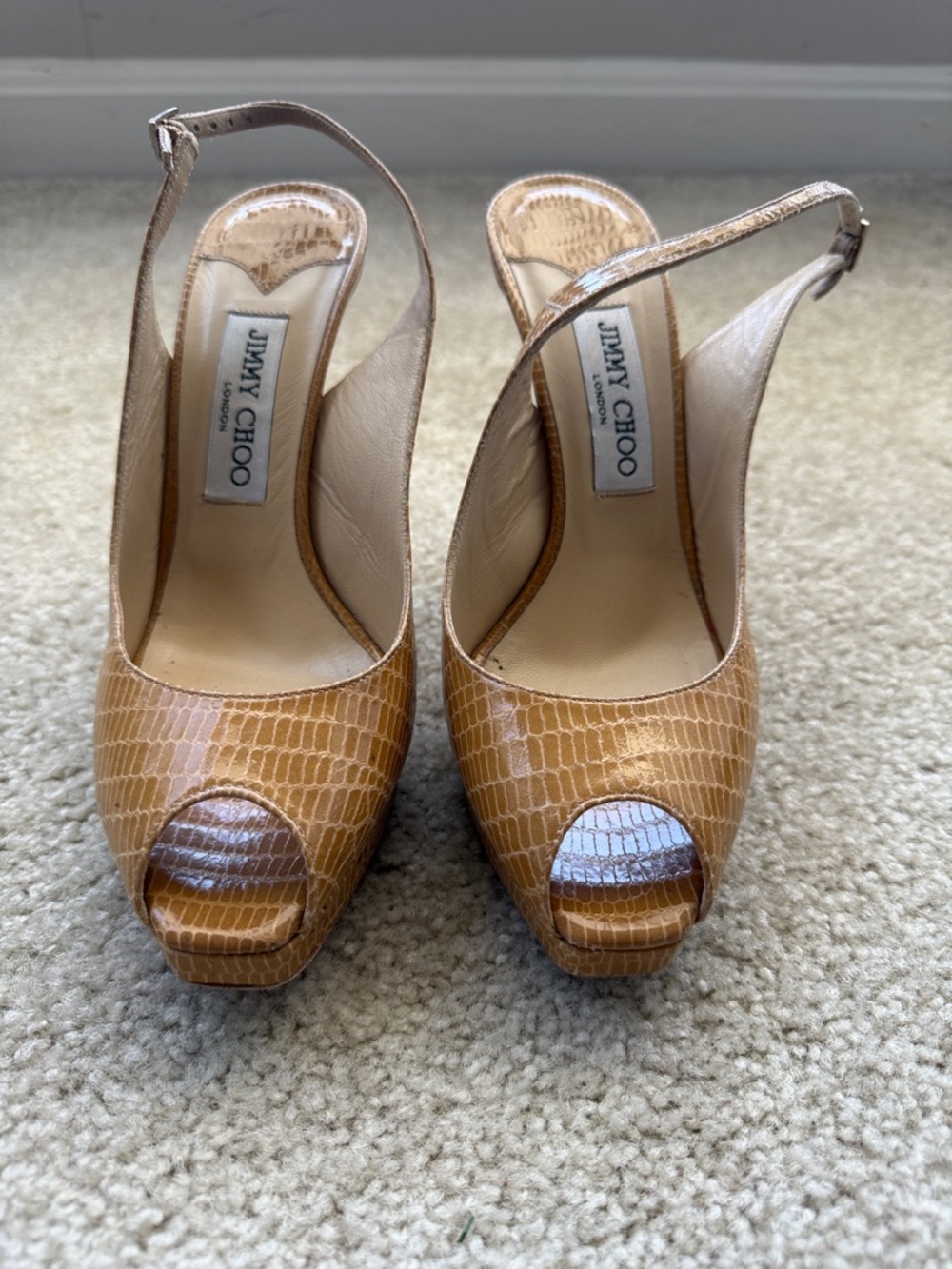 Jimmy Choo Tan Croc-Embossed Peep-Toe Slingback Heels - Picture 2 of 4